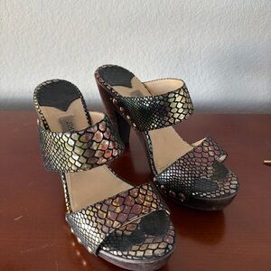 Jimmy Choo Black and Gold Snake Print Mules